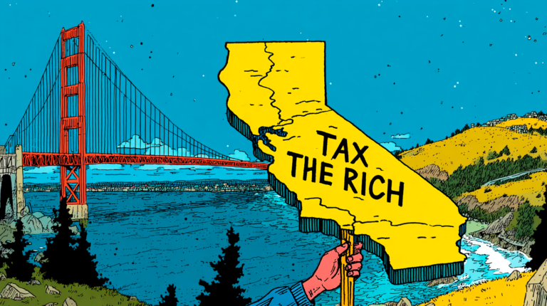 Mapa de California con el texto "más impuestos a los ricos"